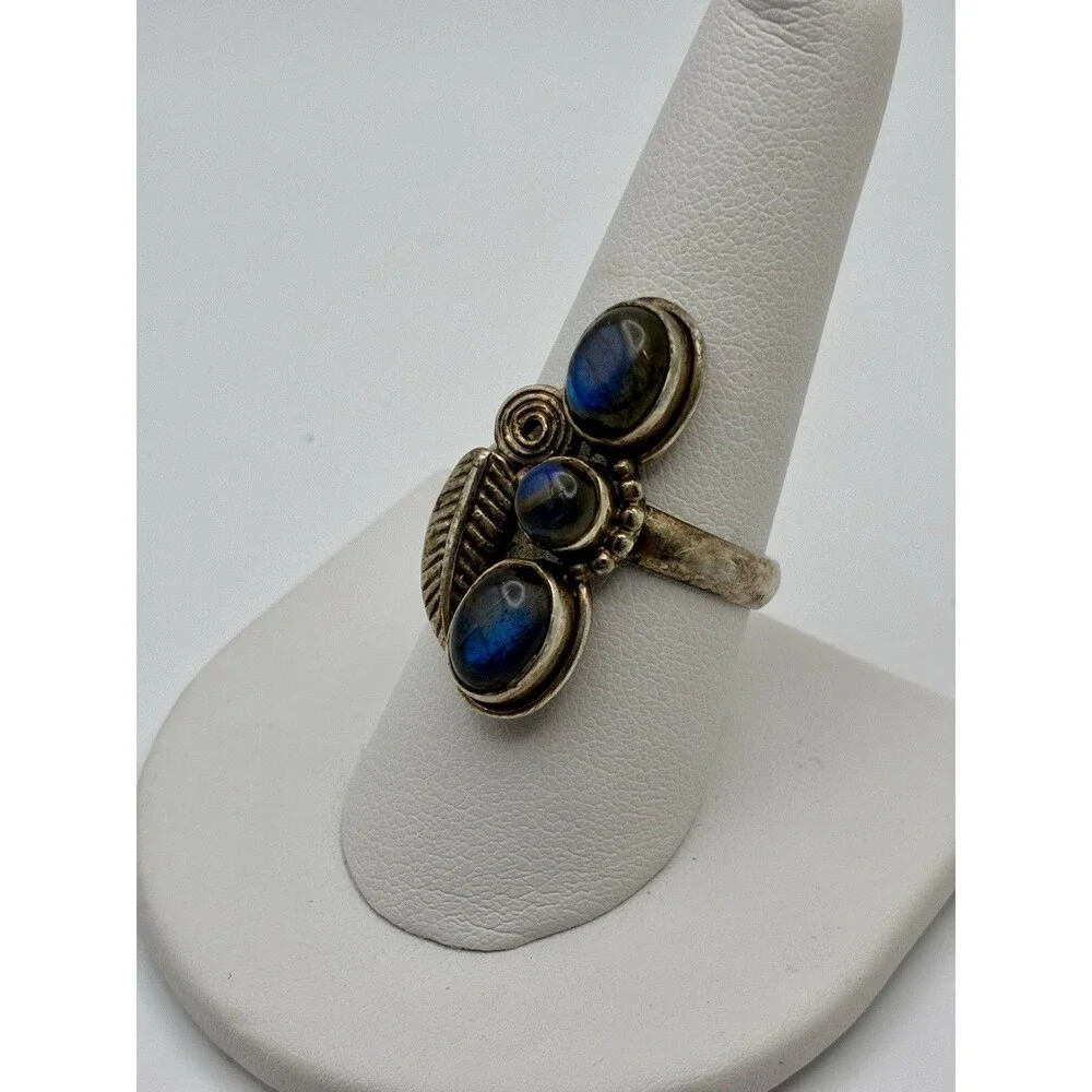 Triple Stacked Labradorite Feather Native American Style 6.2gStatement Ring Sz 9